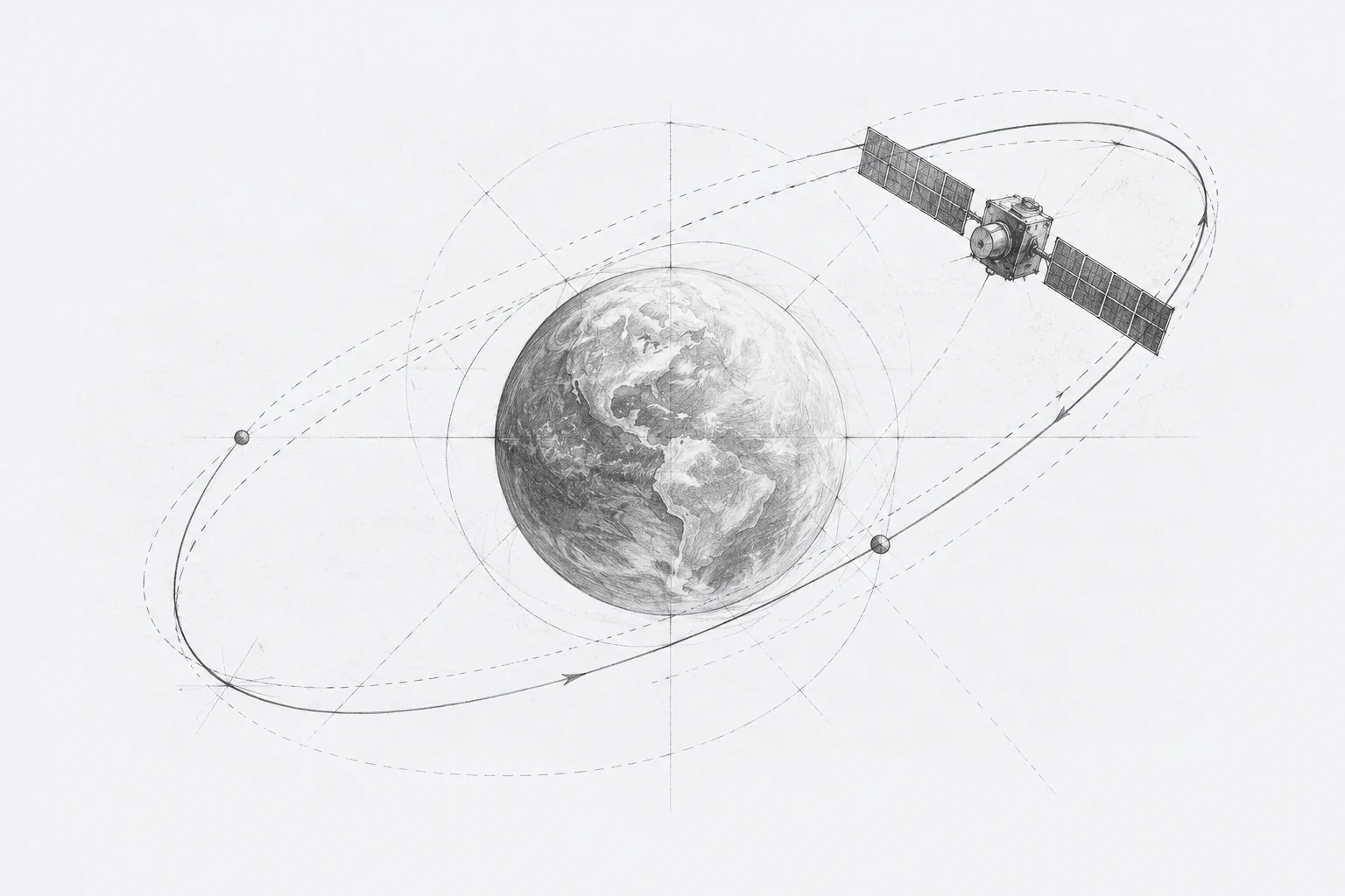 Hand drawn illustration of a satellite following orbital trajectories.