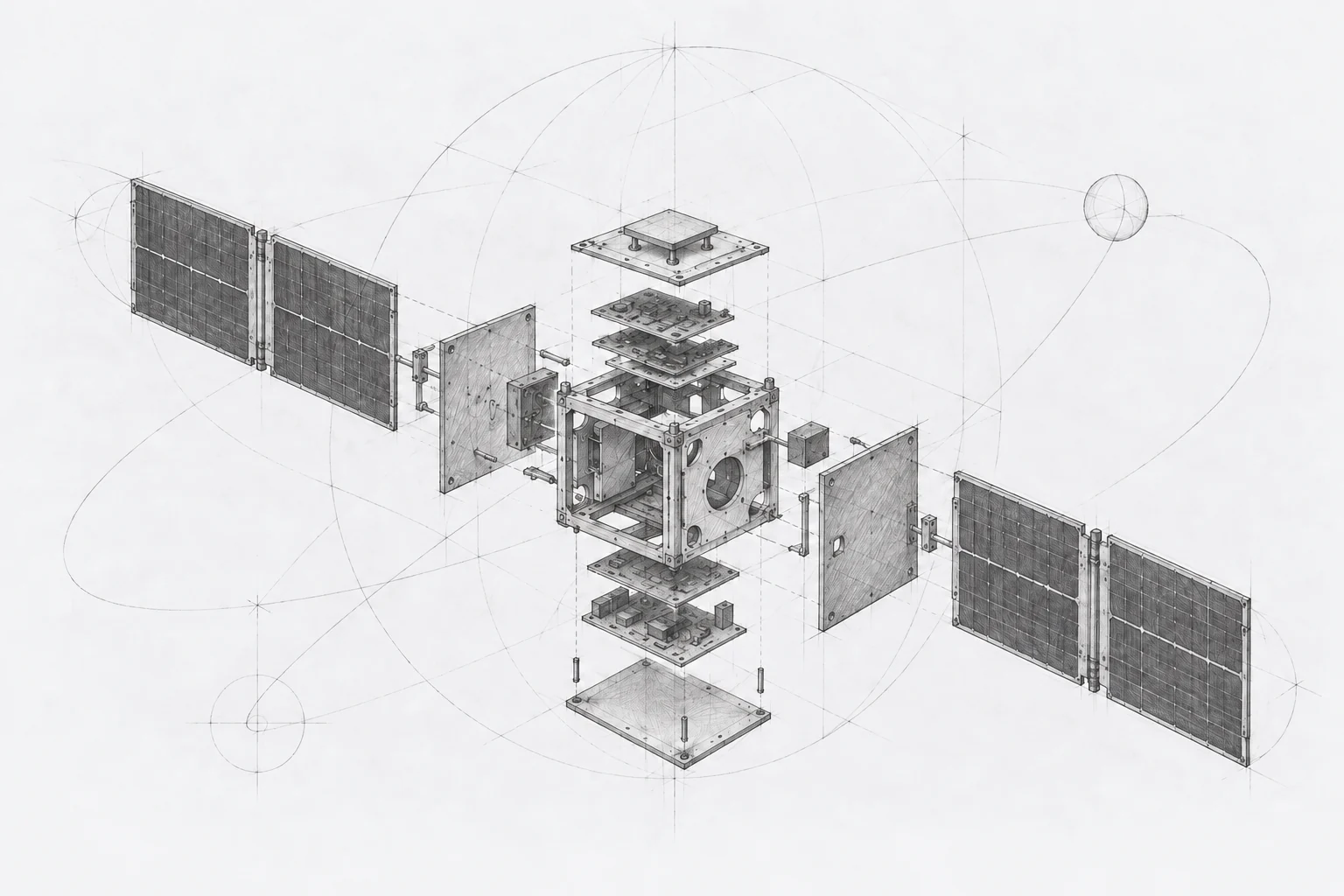 Hand drawn exploded illustration of satellite structure, electronics, solar panels, and a compact patch antenna.
